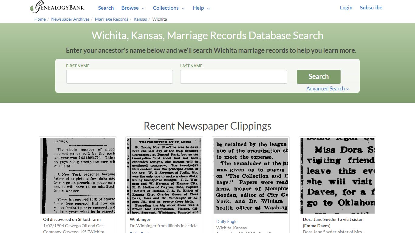 Wichita , Kansas , Marriage Records Database Search